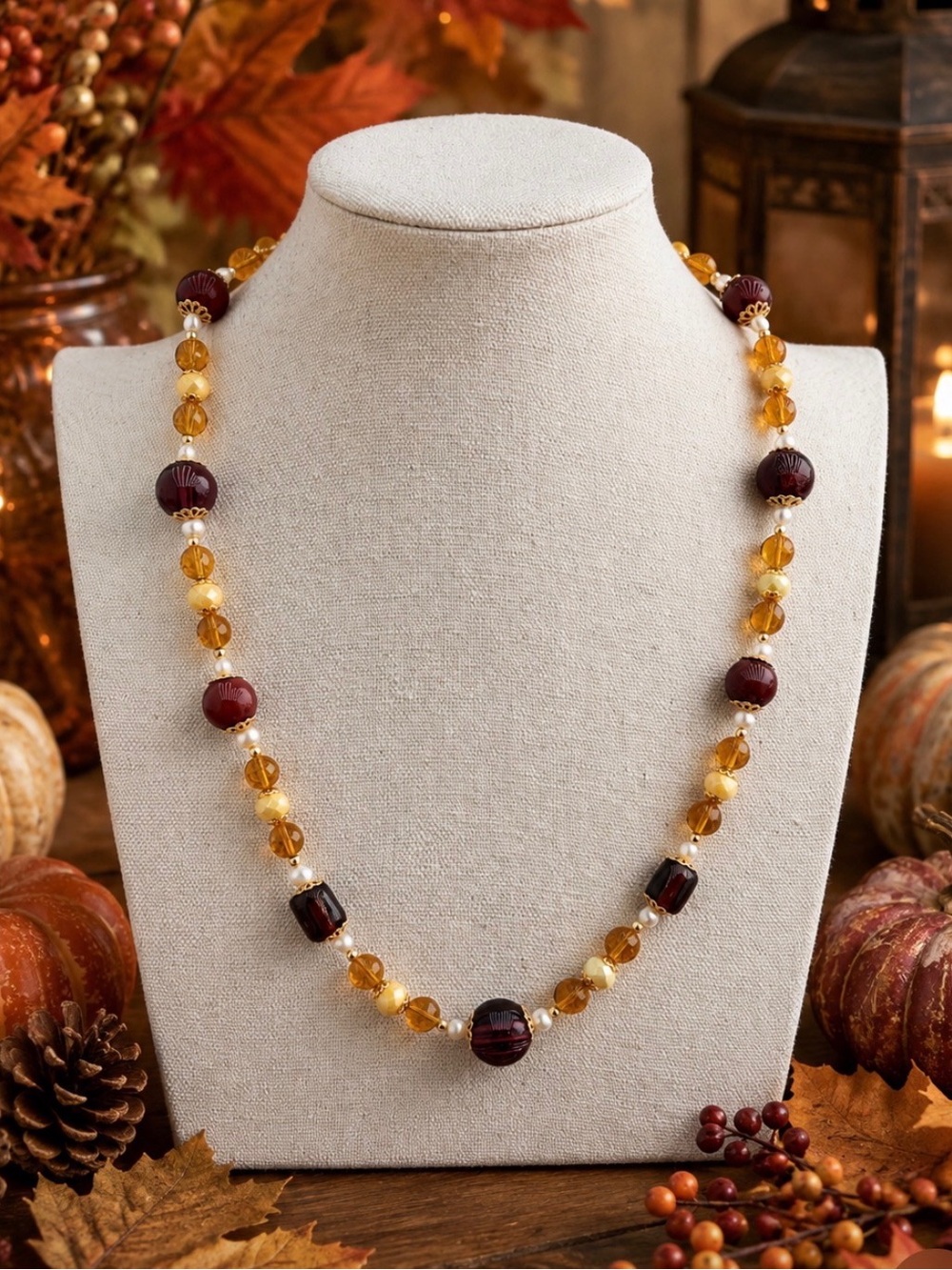Carnelian, brown and amber glass beads. Accented Yellow AB Crystal and Pearls. - Picture 2 of 5